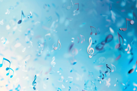 music notes on blue bokeh background. 3d illustration.の写真素材