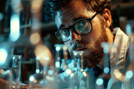 Portrait of a bearded male scientist working in a laboratory. Science and technology.の写真素材