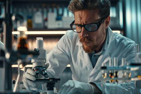 Serious male scientist working with microscope in laboratory. Young man in lab coat and eyeglasses...