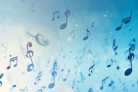 Music notes on blue sky background. 3d rendering toned imageの写真素材