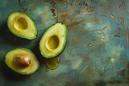 Halves of fresh avocado on a rustic background. Top viewの写真素材