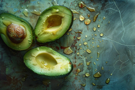 Avocado cut into pieces on a rustic background. Toned.