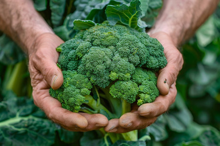 Close up of man's hands holding fresh green broccoli in the gardenの写真素材