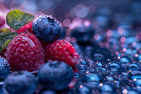 Blueberries and raspberries on a dark background with water dropsの写真素材