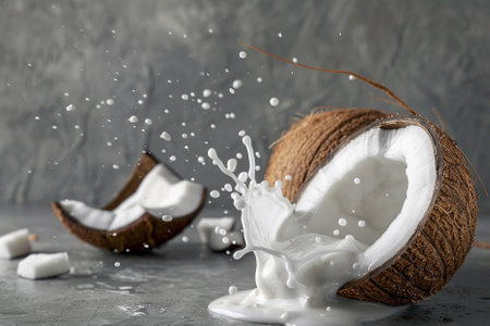 Coconut milk splashing on grey background, closeup view