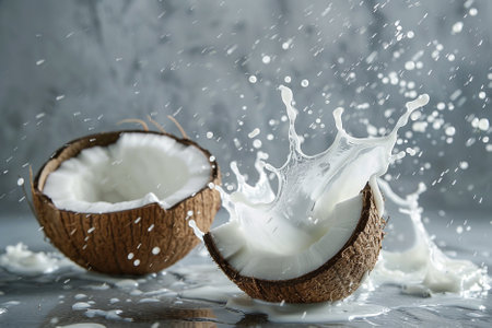 Coconut with splashes of milk on grey background, closeupの写真素材
