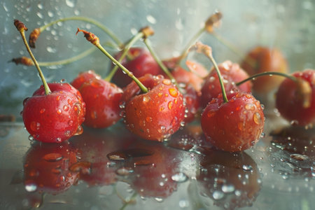 Cherries with water drops on a wet glass surface, shallow depth of field