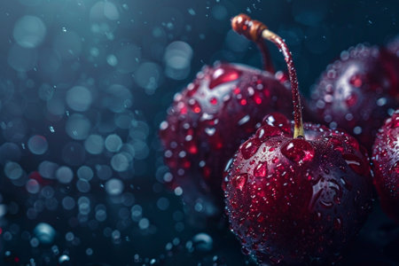 Cherries with water drops on a dark background. Selective focus.の写真素材