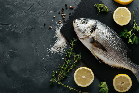 Fresh dorado fish with lemon, herbs and spices on black background