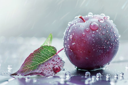 Plums with water drops on a light background. Close-up.の写真素材