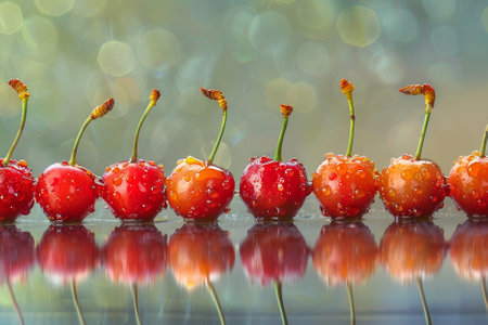 Cherries with water drops on a reflective surface with bokeh background