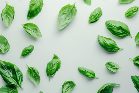top view of fresh green basil leaves on grey background, flat layの写真素材
