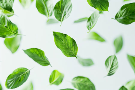 Creative layout made of green basil leaves on white background. Flat lay, top view