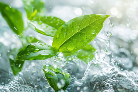 Fresh green leaves with water drops on white background. Close up.の写真素材