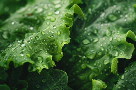 Fresh green lettuce leaves with dew drops closeup. Natural background