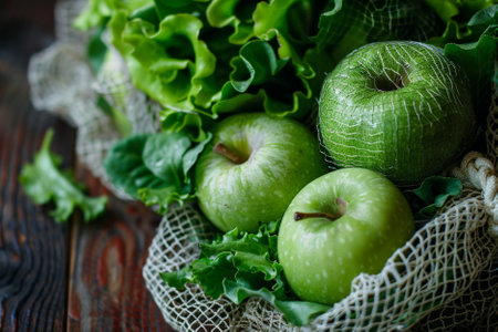 Green apples and lettuce in a bag on a dark wooden background.の写真素材