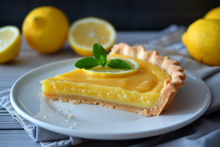 Lemon tart on a plate with lemons on a wooden backgroundの写真素材