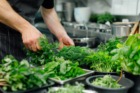 Chef preparing fresh herbs in the kitchen. Selective focus.