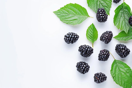 Blackberries with leaves isolated on white background. Top view. Flat lay.の写真素材