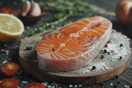 Raw salmon steak with spices and herbs on a black wooden background.の写真素材