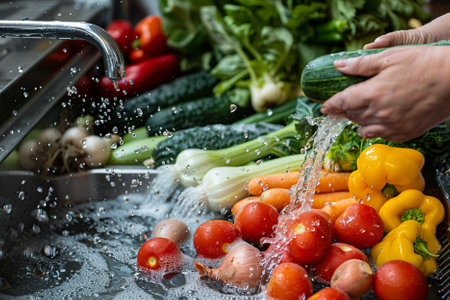 Close-up of woman washing vegetables in kitchen sink with water dropsの写真素材