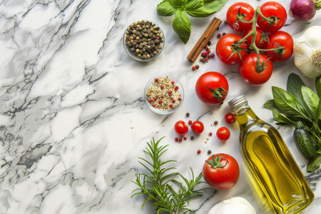 Tomatoes, olive oil, spices and herbs on a marble backgroundの写真素材