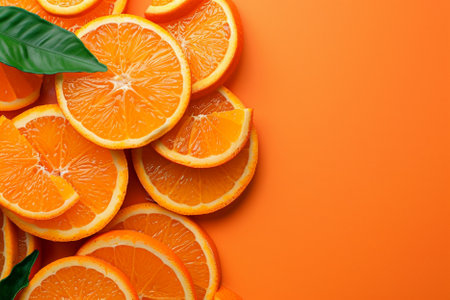 Slices of fresh orange on orange background, top view. Space for textの写真素材