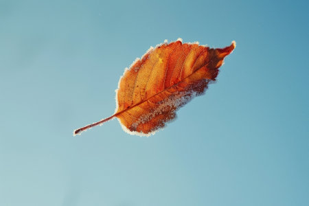 Frosty autumn leaf on a blue background. Close-up.の写真素材