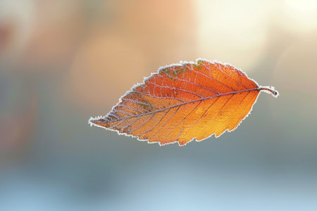Frosty autumnal leaf on blurred background with bokeh effect