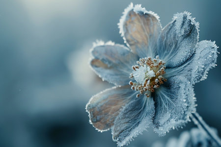 Close-up of anemone flower covered with hoarfrostの写真素材