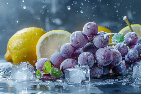 Frozen grape and lemon with ice cubes on a dark background.の写真素材