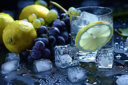 Lemonade with ice cubes, grape and lemon on black backgroundの写真素材