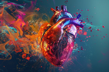 3d illustration of human heart over abstract background with colorful splashesの写真素材