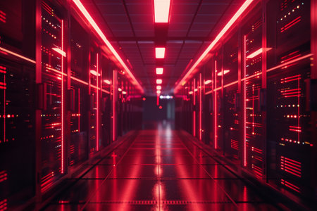 Server room data center. Backup, mining, hosting, mainframe, farm and computer rack with storage information. 3d renderの写真素材