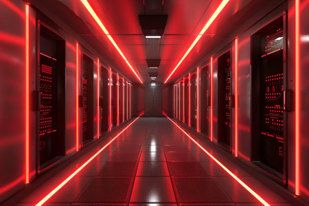 Futuristic server room with glowing red lights. 3D renderingの写真素材