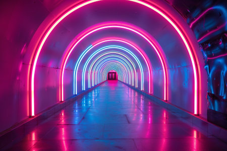 Interior of a futuristic corridor with blue and pink neon lights.の写真素材