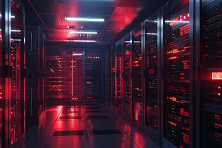 Server room data center. Backup, mining, hosting, mainframe, farm and computer rack with storage...