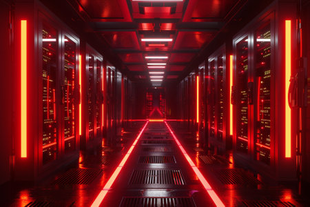 3D rendering of a server room with red lights and reflections.の写真素材