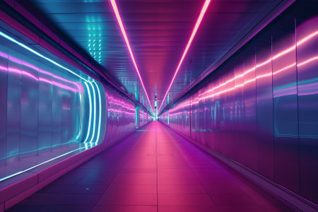 3d render of a long corridor with neon lights in the tunnelの写真素材