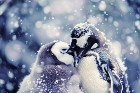 Pair of penguins in winter, close-up, toned
