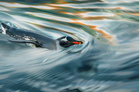Gentoo penguin swimming on the water in the ocean.の写真素材