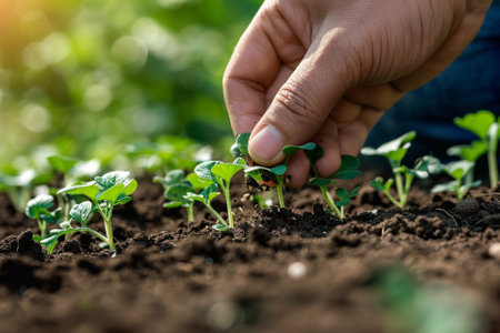 Farmer hand planting green seedling on fertile soil, agriculture conceptの写真素材