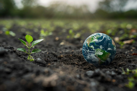Globe and plant in the soil. save the world concept.