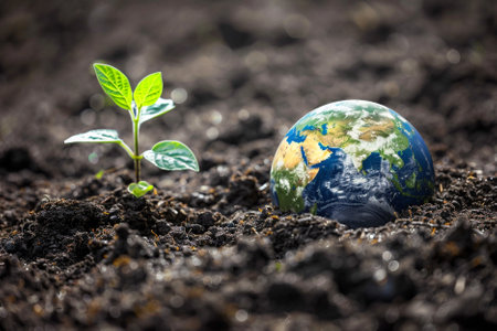 Earth and plant in the soil. Ecology concept. Global warming.の写真素材