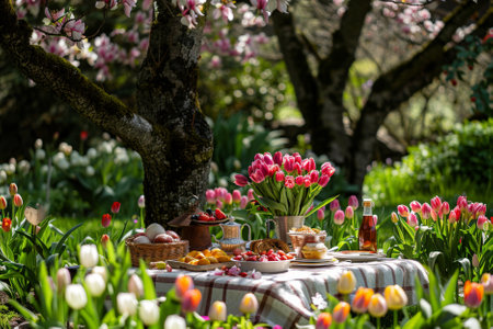 Beautiful spring table setting with tulips in the garden
