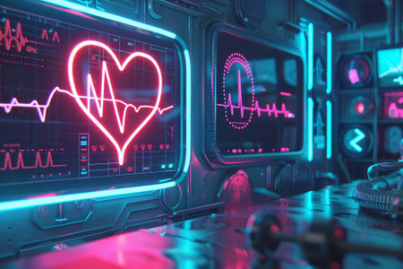 Blue and red heart rate monitor inside a spaceship. 3D Rendering