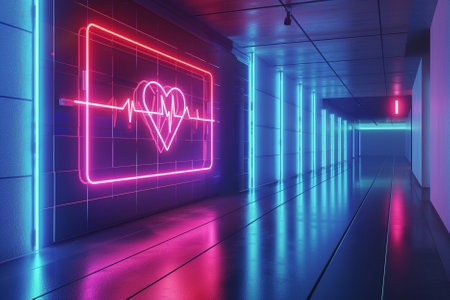 Futuristic illuminated corridor with glowing heart beat icon. 3D Renderingの写真素材