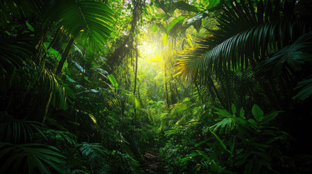 Tropical rainforest with sunbeams. Nature background.