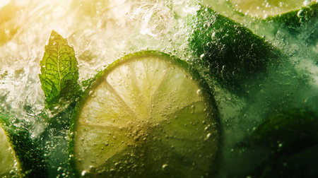 Mojito cocktail with lime, mint and ice. Close upの写真素材