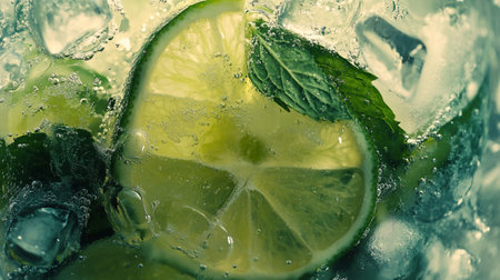 Mojito cocktail with lime, ice and mint. Close up